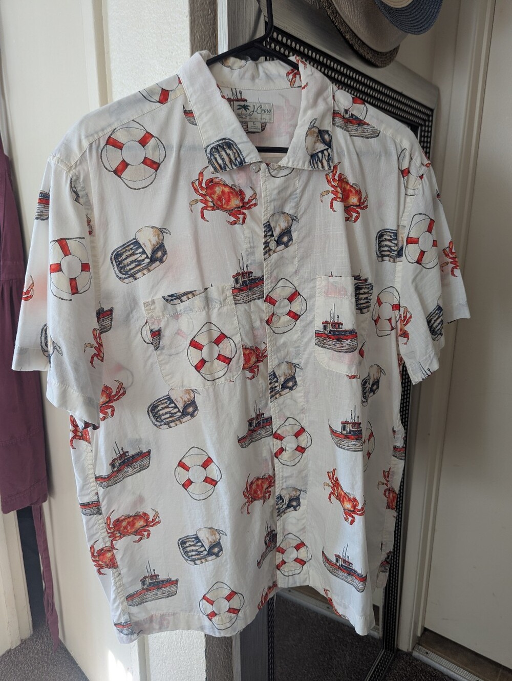 J. Crew Nautical Themed Print Camp Collar Cotton Shirt Tinned Fish Crab Boats